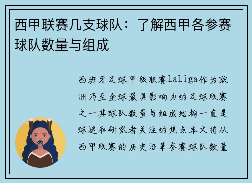 西甲联赛几支球队：了解西甲各参赛球队数量与组成