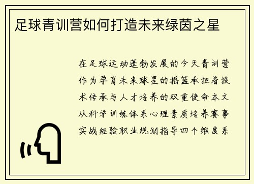 足球青训营如何打造未来绿茵之星